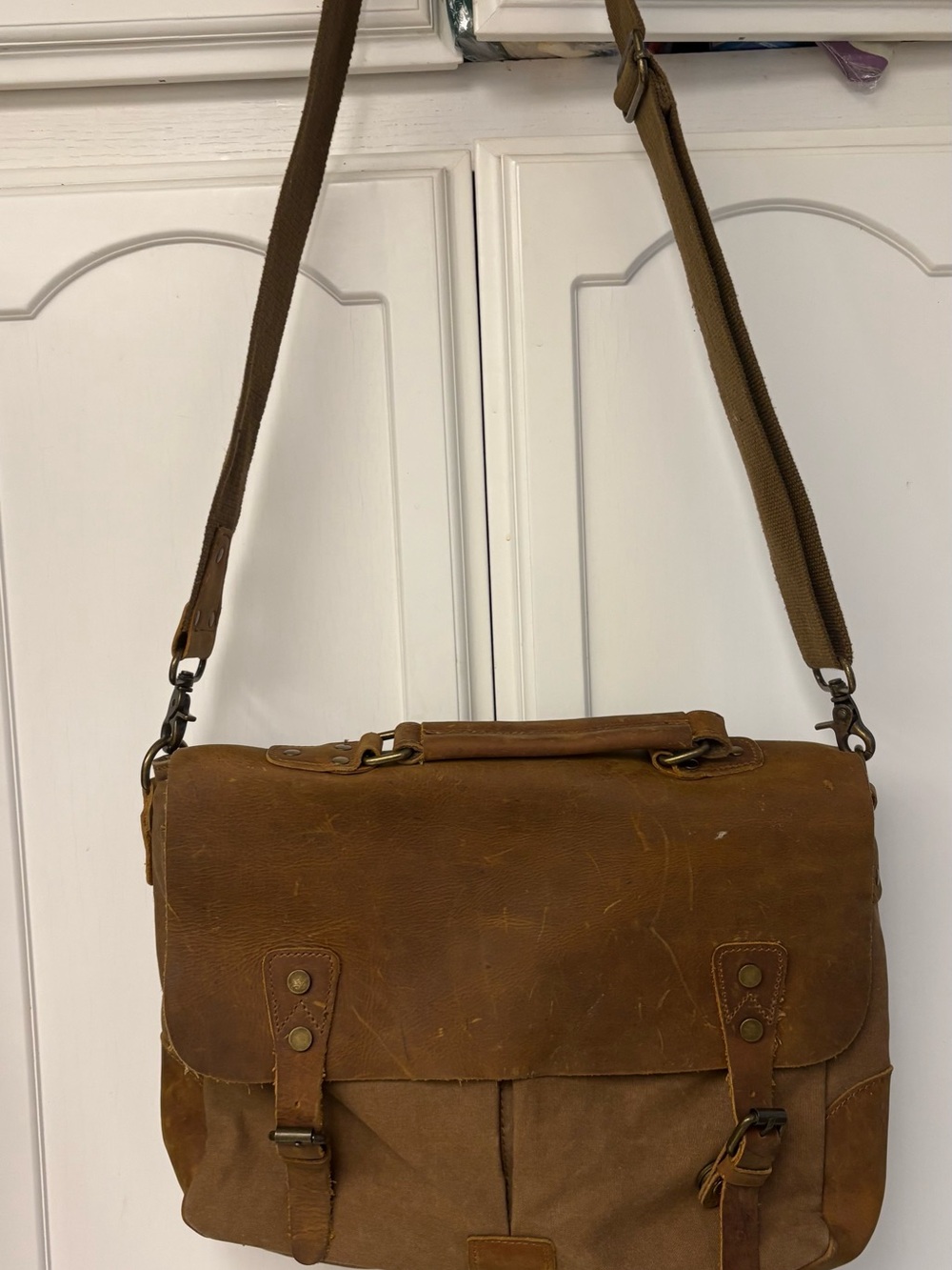 Brown Canvas Leather Messenger Bag - Unbranded